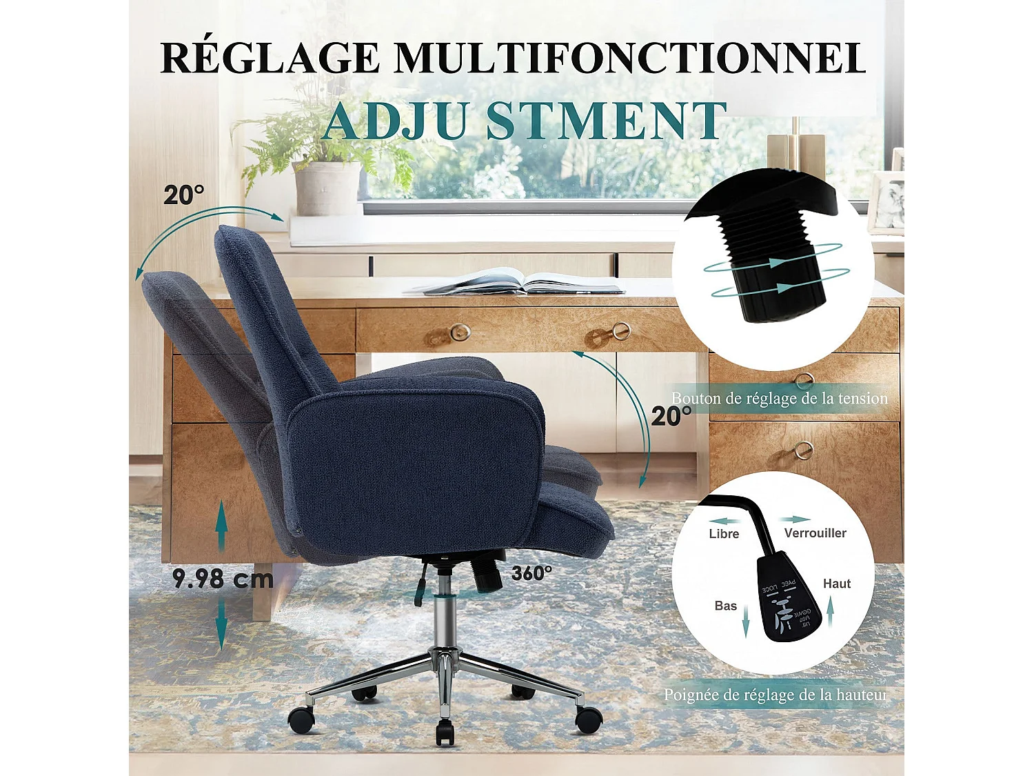 Ergonomische bureaustoel met hoog schelpvormig rugleuning, verstelbare hoogte - Blauw