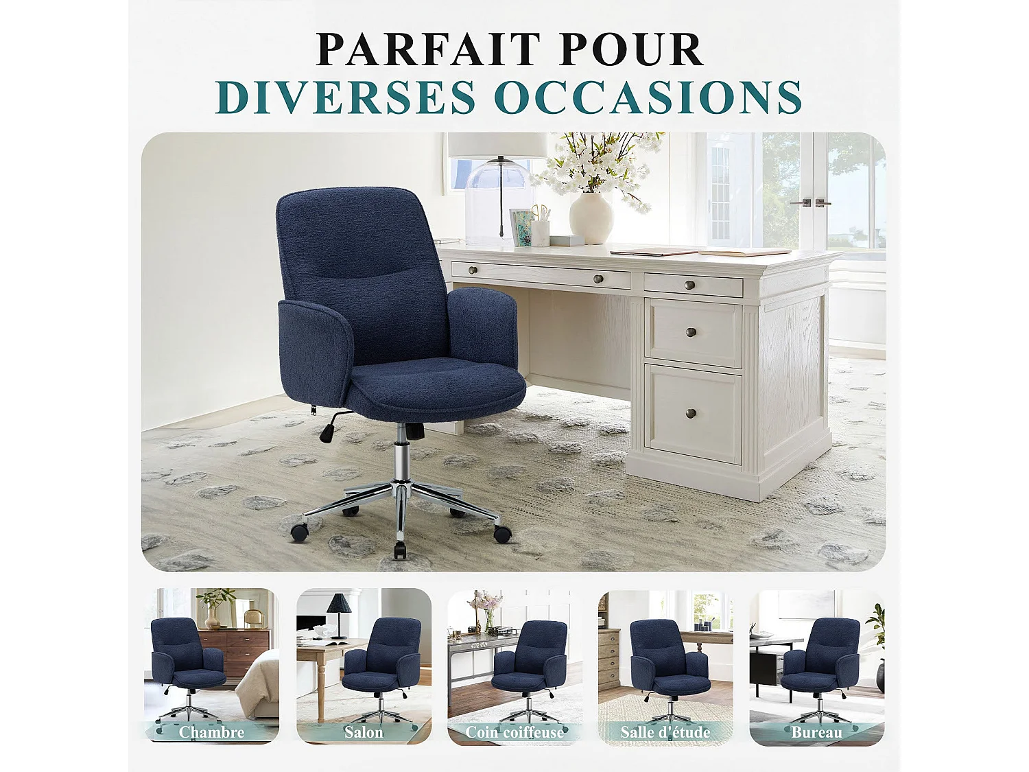 Ergonomische bureaustoel met hoog schelpvormig rugleuning, verstelbare hoogte - Blauw