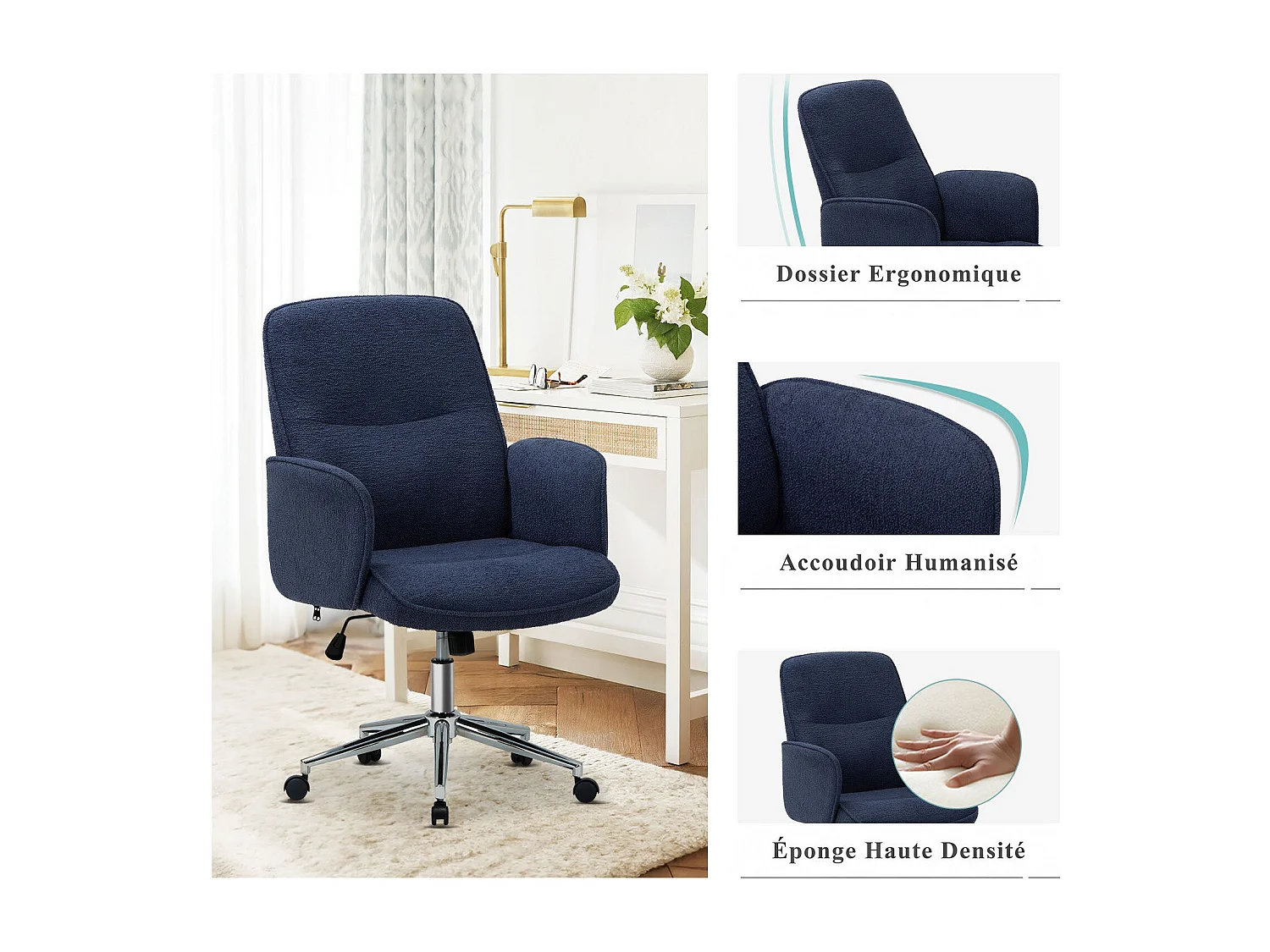 Ergonomische bureaustoel met hoog schelpvormig rugleuning, verstelbare hoogte - Blauw