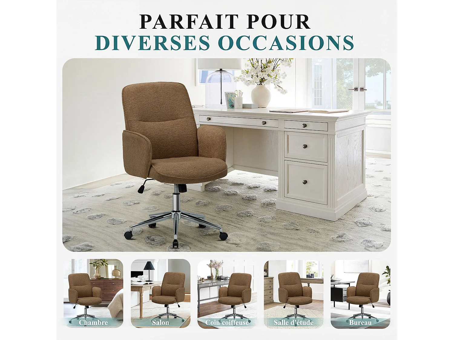 Ergonomische bureaustoel met hoog schelpvormig rugleuning, verstelbare hoogte - Bruin