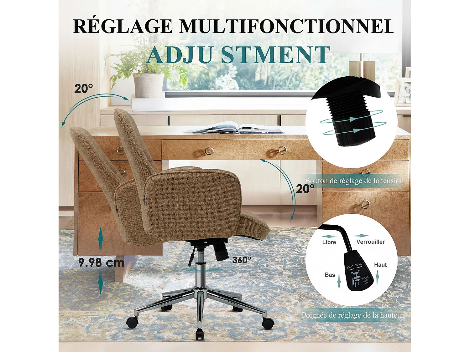 Ergonomische bureaustoel met hoog schelpvormig rugleuning, verstelbare hoogte - Bruin