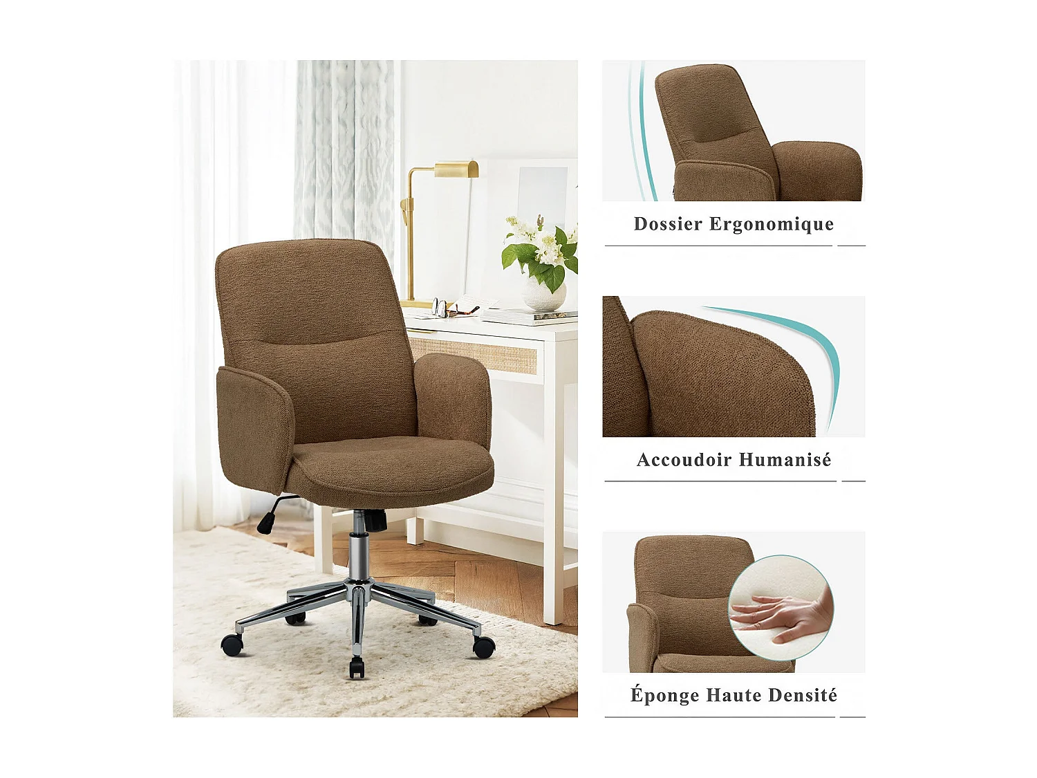 Ergonomische bureaustoel met hoog schelpvormig rugleuning, verstelbare hoogte - Bruin