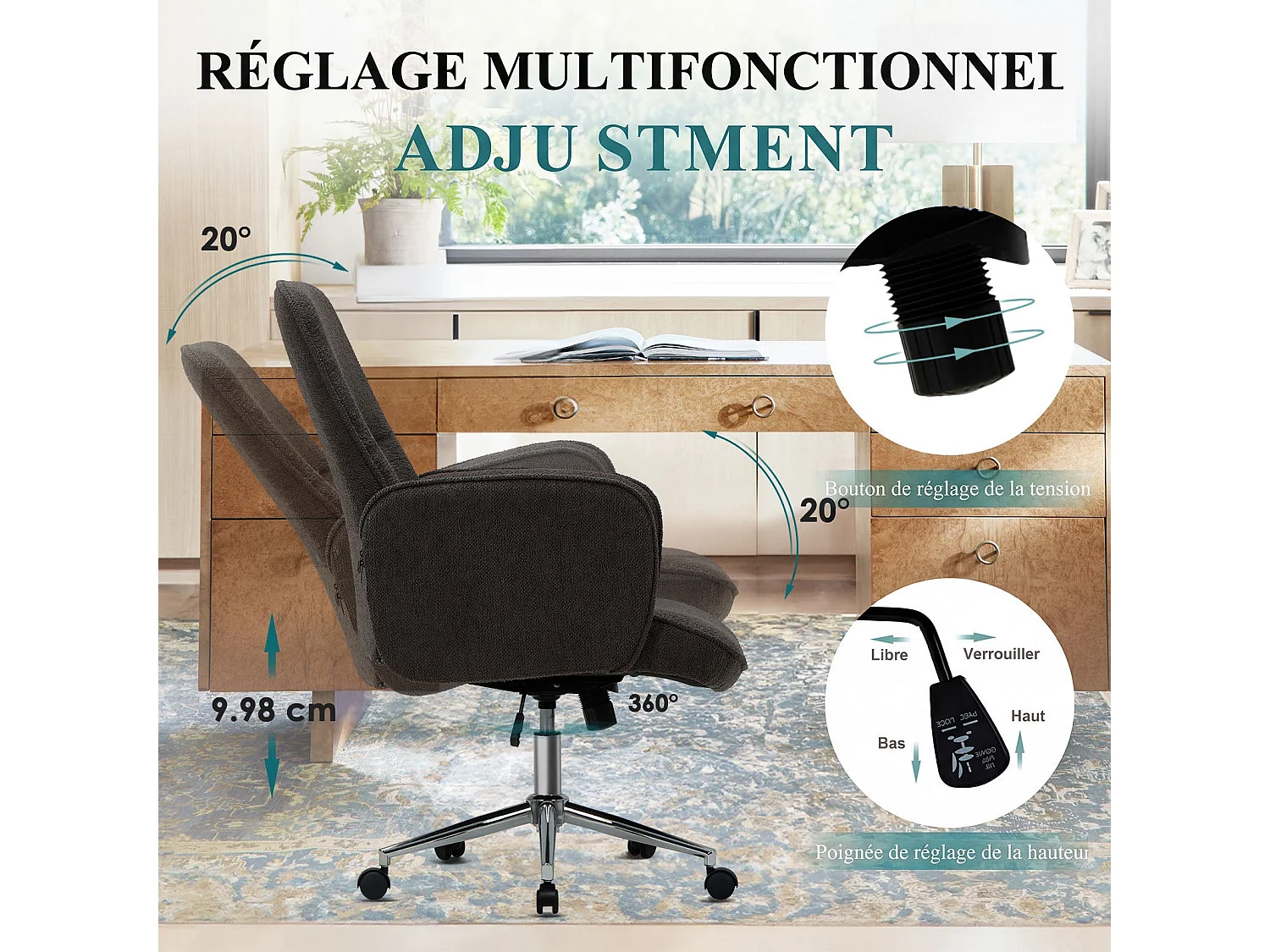 Ergonomische bureaustoel met hoog schelpvormig rugleuning, verstelbare hoogte - Grijs