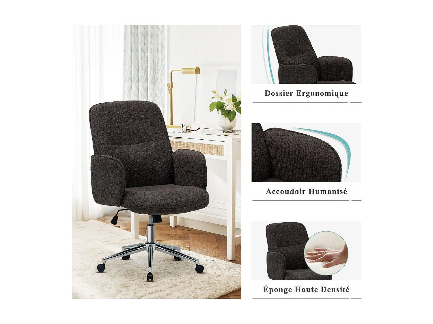 Ergonomische bureaustoel met hoog schelpvormig rugleuning, verstelbare hoogte - Grijs