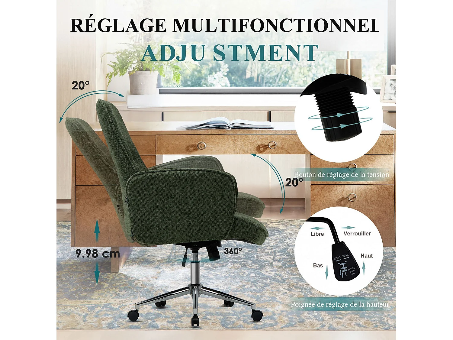 Ergonomische bureaustoel met hoog schelpvormig rugleuning, verstelbare hoogte - Groen