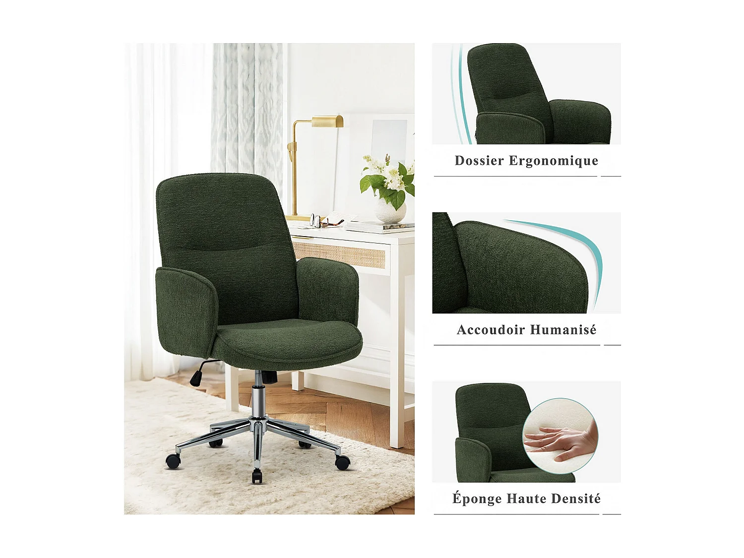 Ergonomische bureaustoel met hoog schelpvormig rugleuning, verstelbare hoogte - Groen