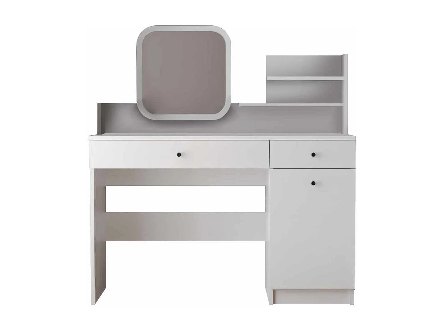 Weiße Holz-Frisiertisch "Harmony Square" mit Spiegel, 2 Schubladen und Regalen, 124x40x135 cm, optimierte Aufbewahrung