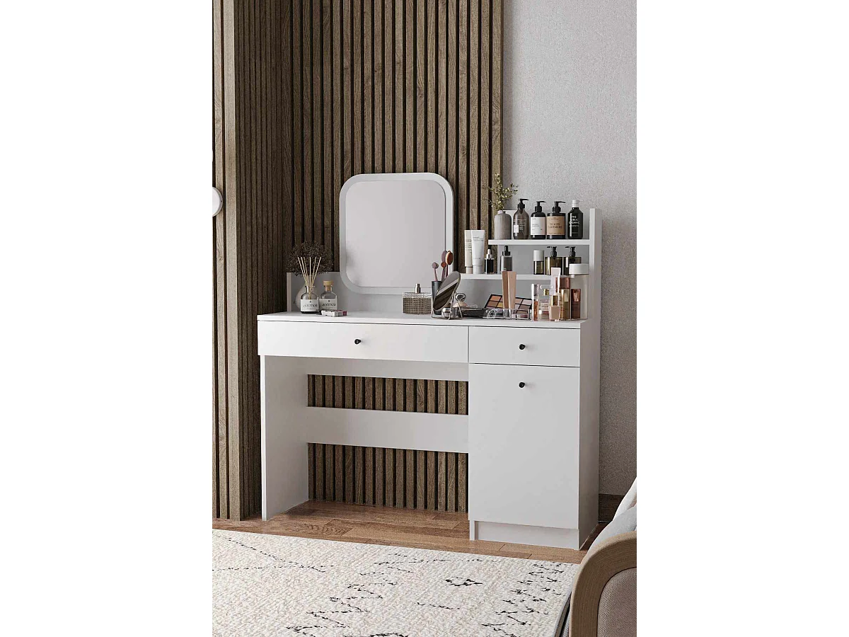 Weiße Holz-Frisiertisch "Harmony Square" mit Spiegel, 2 Schubladen und Regalen, 124x40x135 cm, optimierte Aufbewahrung