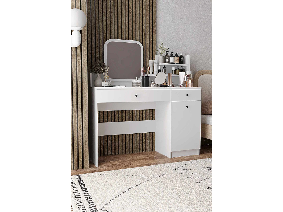 Weiße Holz-Frisiertisch "Harmony Square" mit Spiegel, 2 Schubladen und Regalen, 124x40x135 cm, optimierte Aufbewahrung