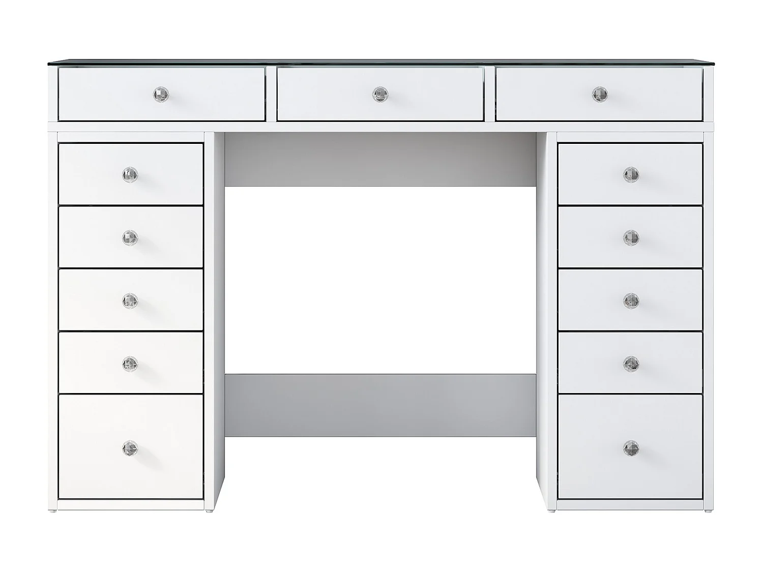 Weiße Holz-Frisiertisch "Sina" 120x44x80 cm mit 13 Schubladen und transparentem Glasplatte