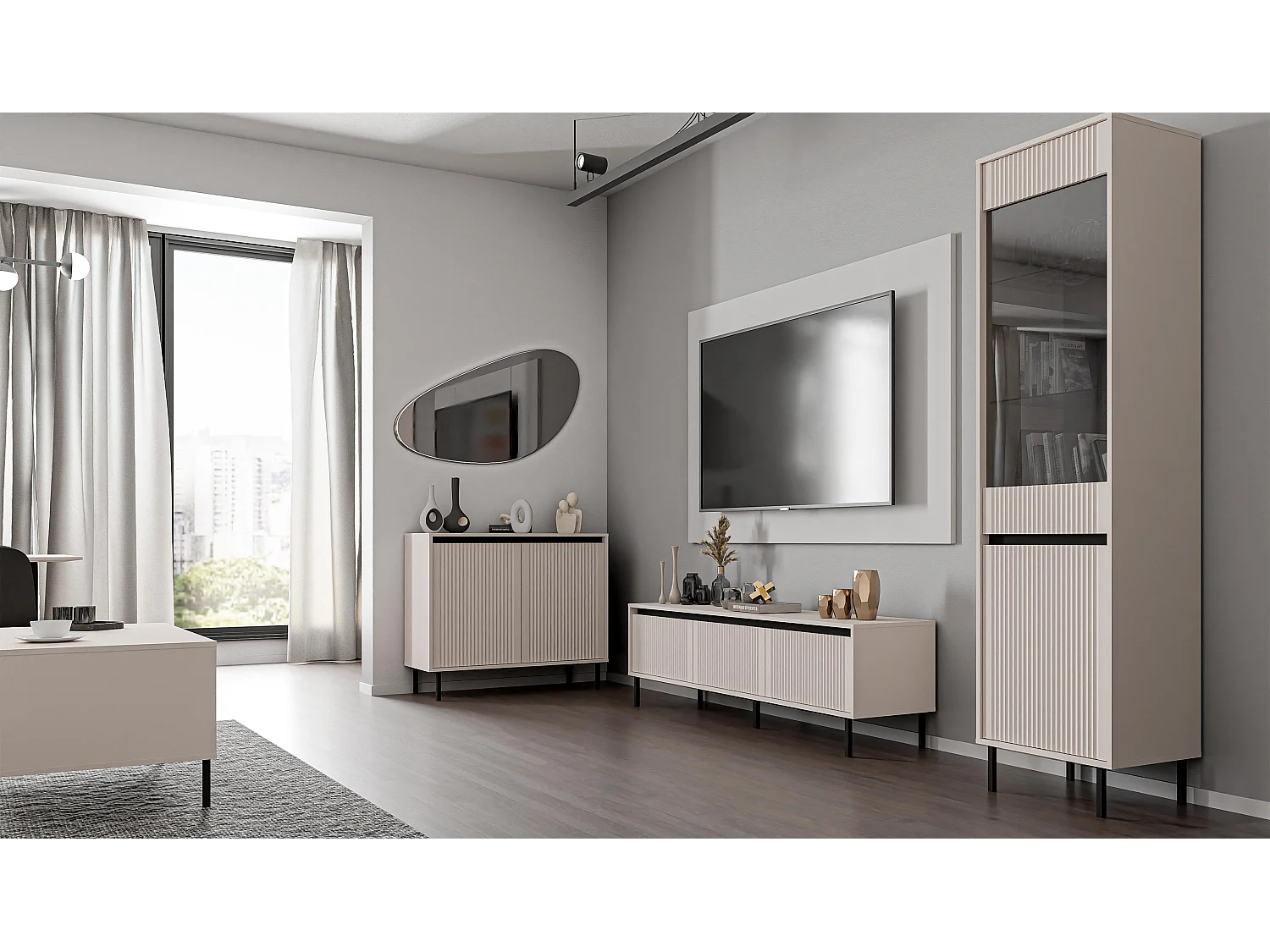 AX LIVING Vitrine BODRUM Hochschrank 2 Türen Glas 56 cm Sandbeige