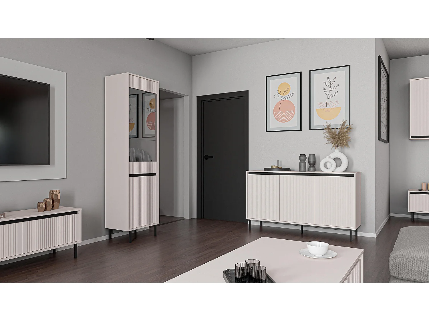 AX LIVING Vitrine BODRUM Hochschrank 2 Türen Glas 56 cm Sandbeige