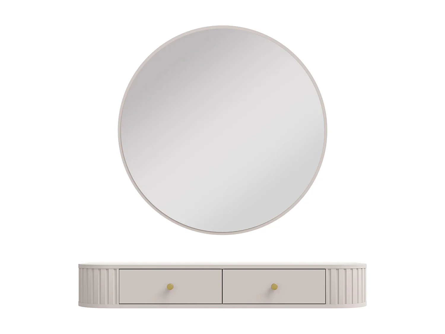 AX LIVING Schminktisch Halay Beige 2 Schubladen mit runden Kanten + Rund Spiegel 100 cm