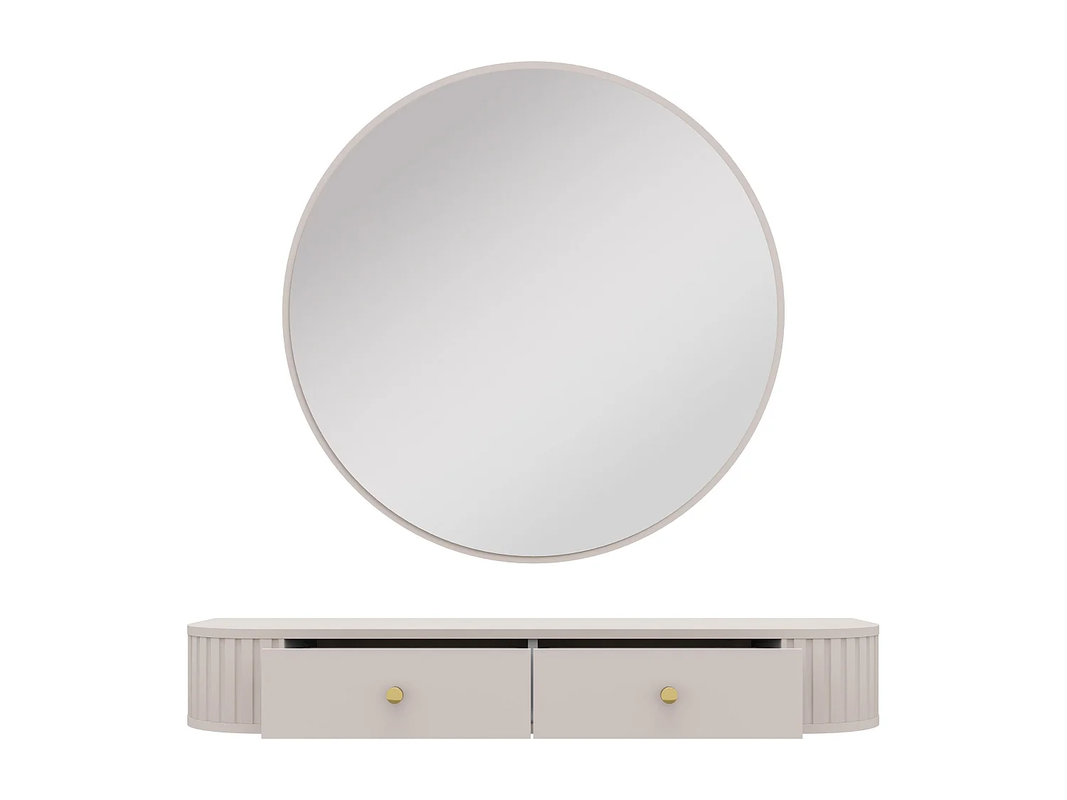 AX LIVING Schminktisch Halay Beige 2 Schubladen mit runden Kanten + Rund Spiegel 100 cm