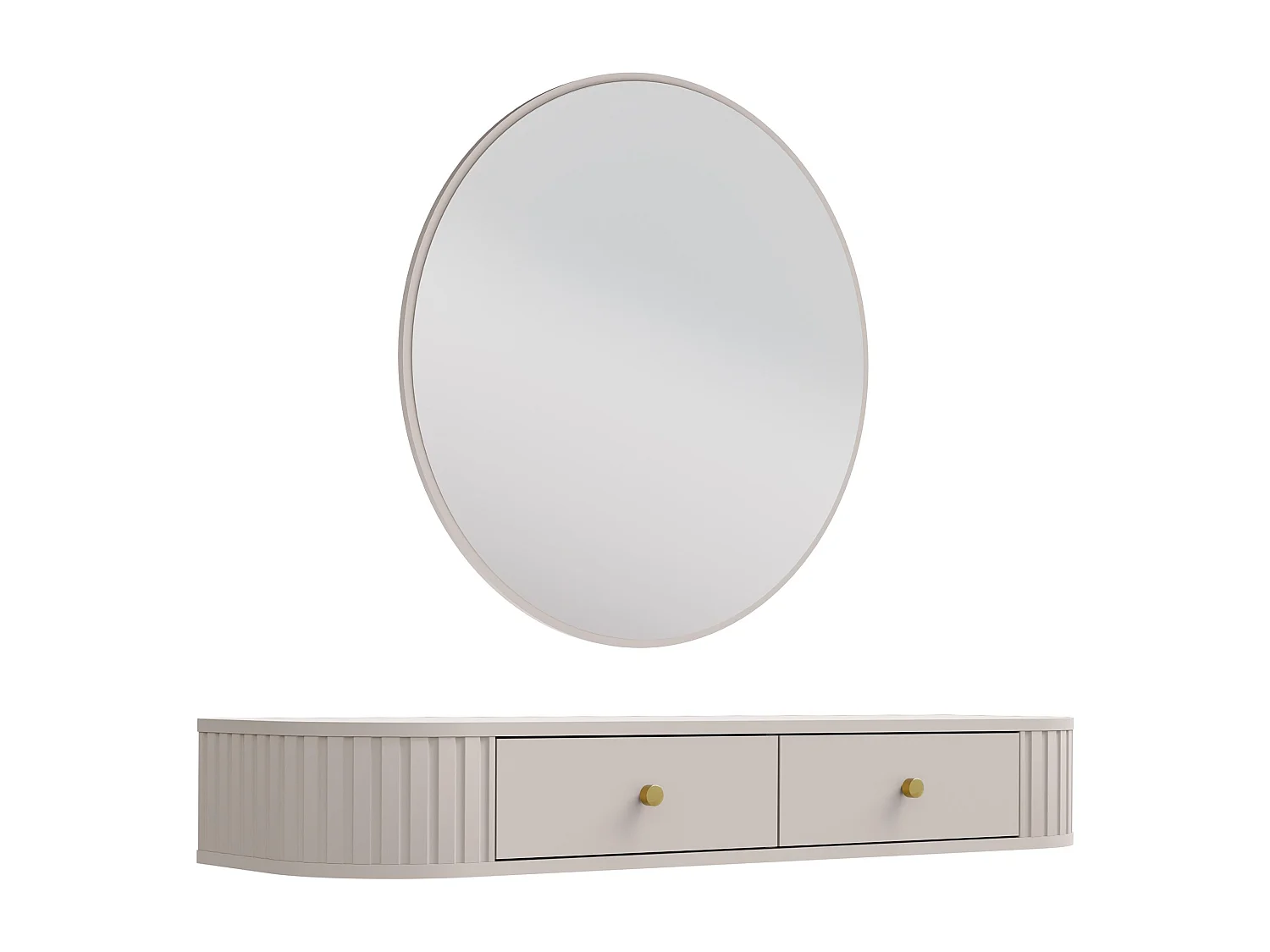 AX LIVING Schminktisch Halay Beige 2 Schubladen mit runden Kanten + Rund Spiegel 100 cm