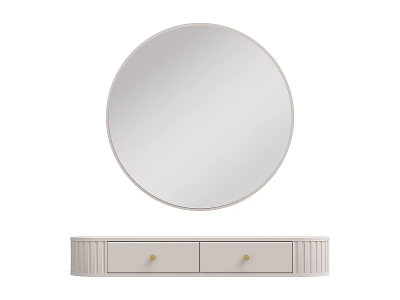 AX LIVING Schminktisch Halay Beige 2 Schubladen mit runden Kanten + Rund Spiegel 100 cm