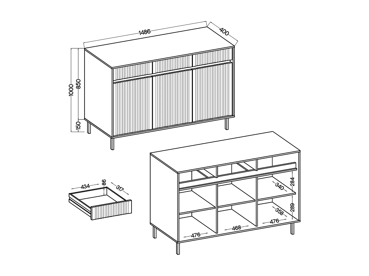 AX LIVING Buffet BODRUM 3 portes 3 tiroirs 149 cm beige sable