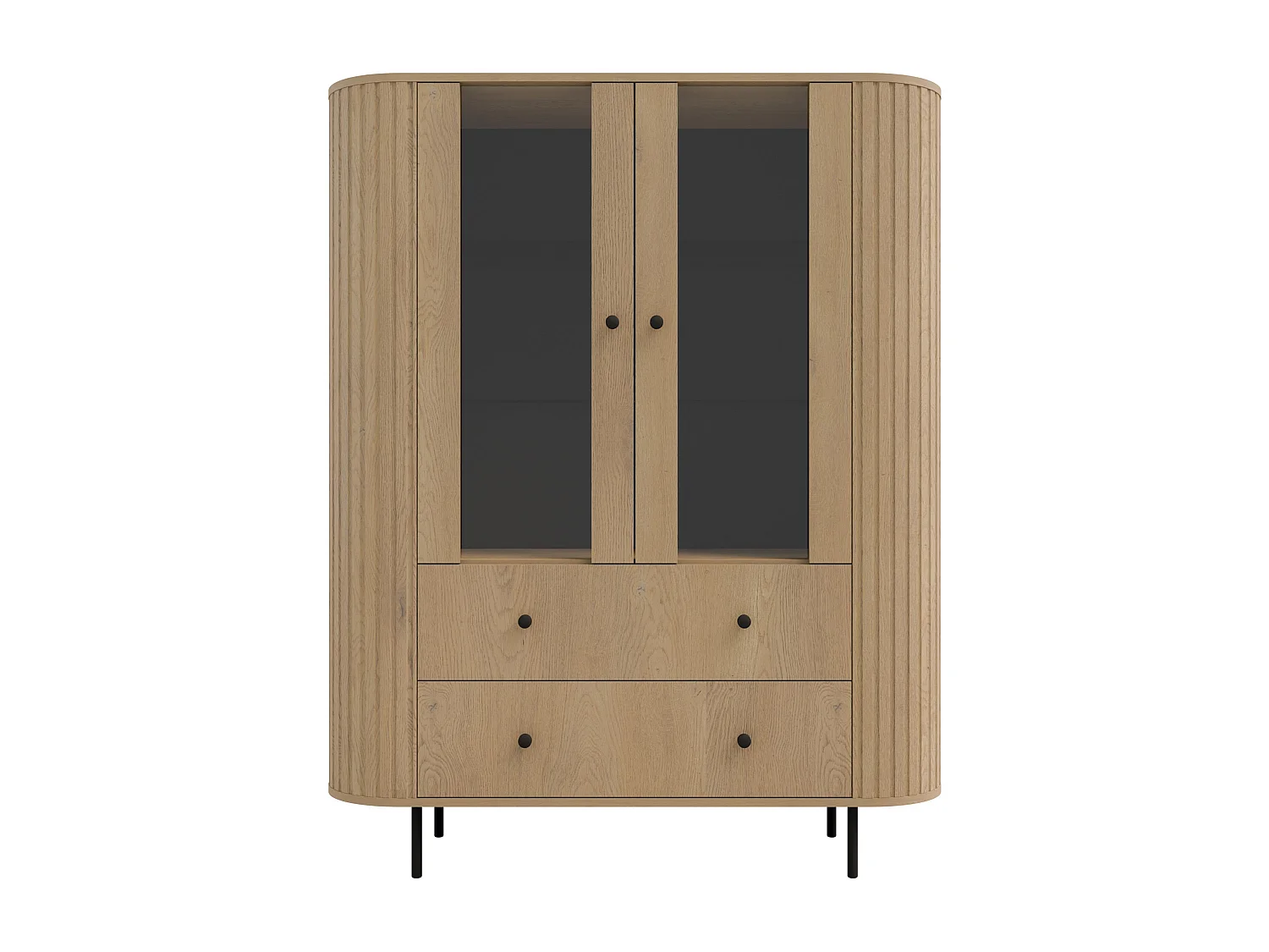 AX LIVING Vitrine Halay Eiche Cremona, 2 Türen & 2 Schubladen Moderne Rillenstruktur, mit runden Kanten