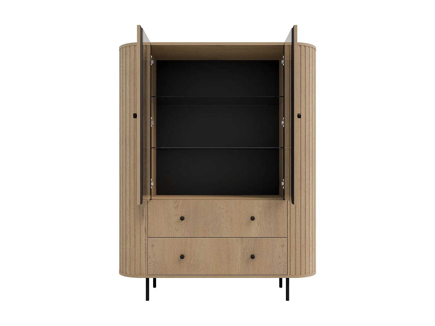 AX LIVING Vitrine Halay Eiche Cremona, 2 Türen & 2 Schubladen Moderne Rillenstruktur, mit runden Kanten