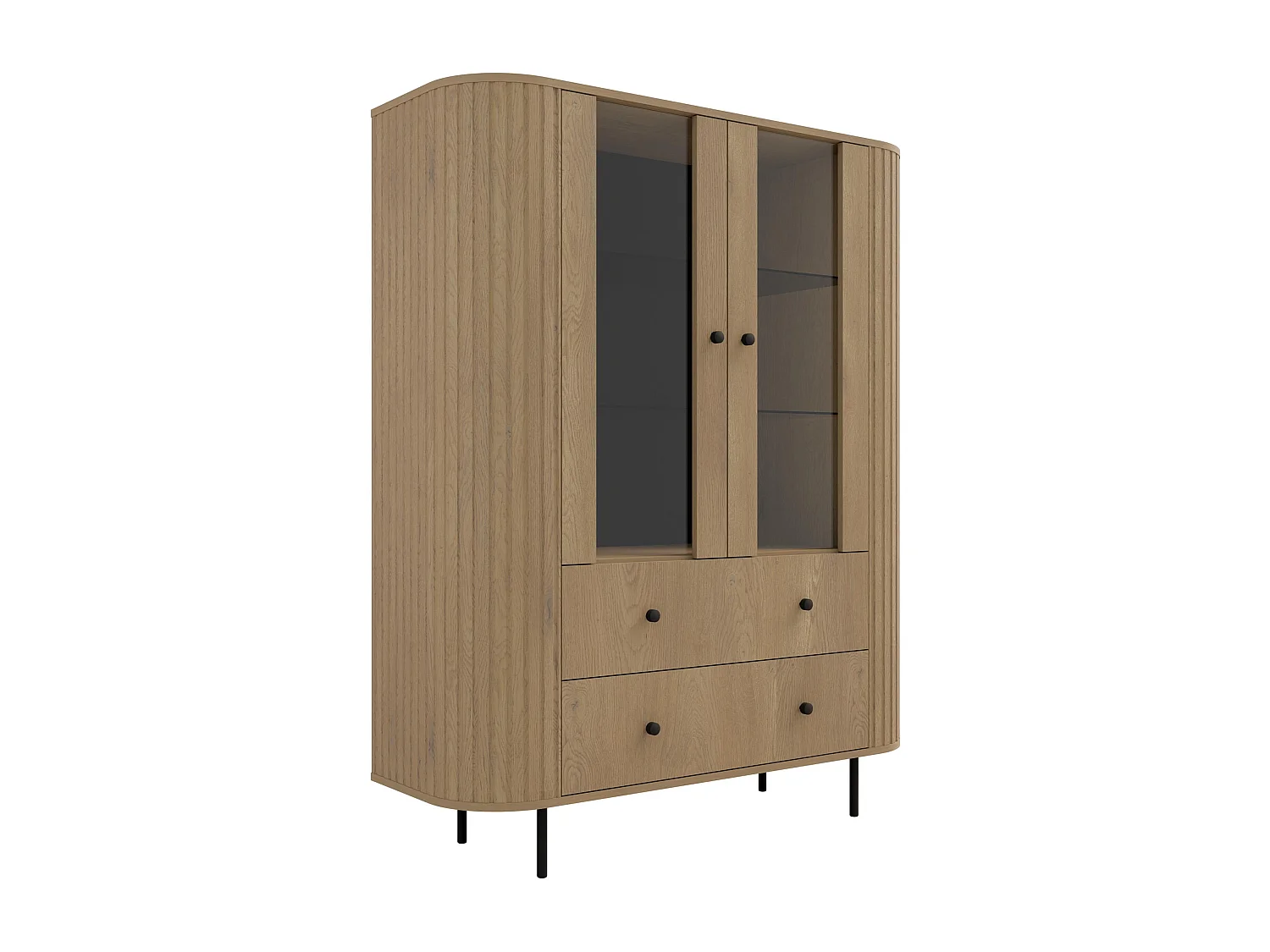 AX LIVING Vitrine Halay Eiche Cremona, 2 Türen & 2 Schubladen Moderne Rillenstruktur, mit runden Kanten