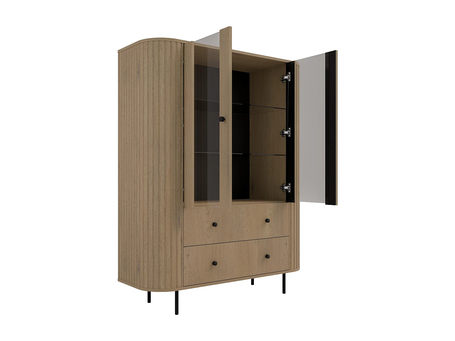 AX LIVING Vitrine Halay Eiche Cremona, 2 Türen & 2 Schubladen Moderne Rillenstruktur, mit runden Kanten