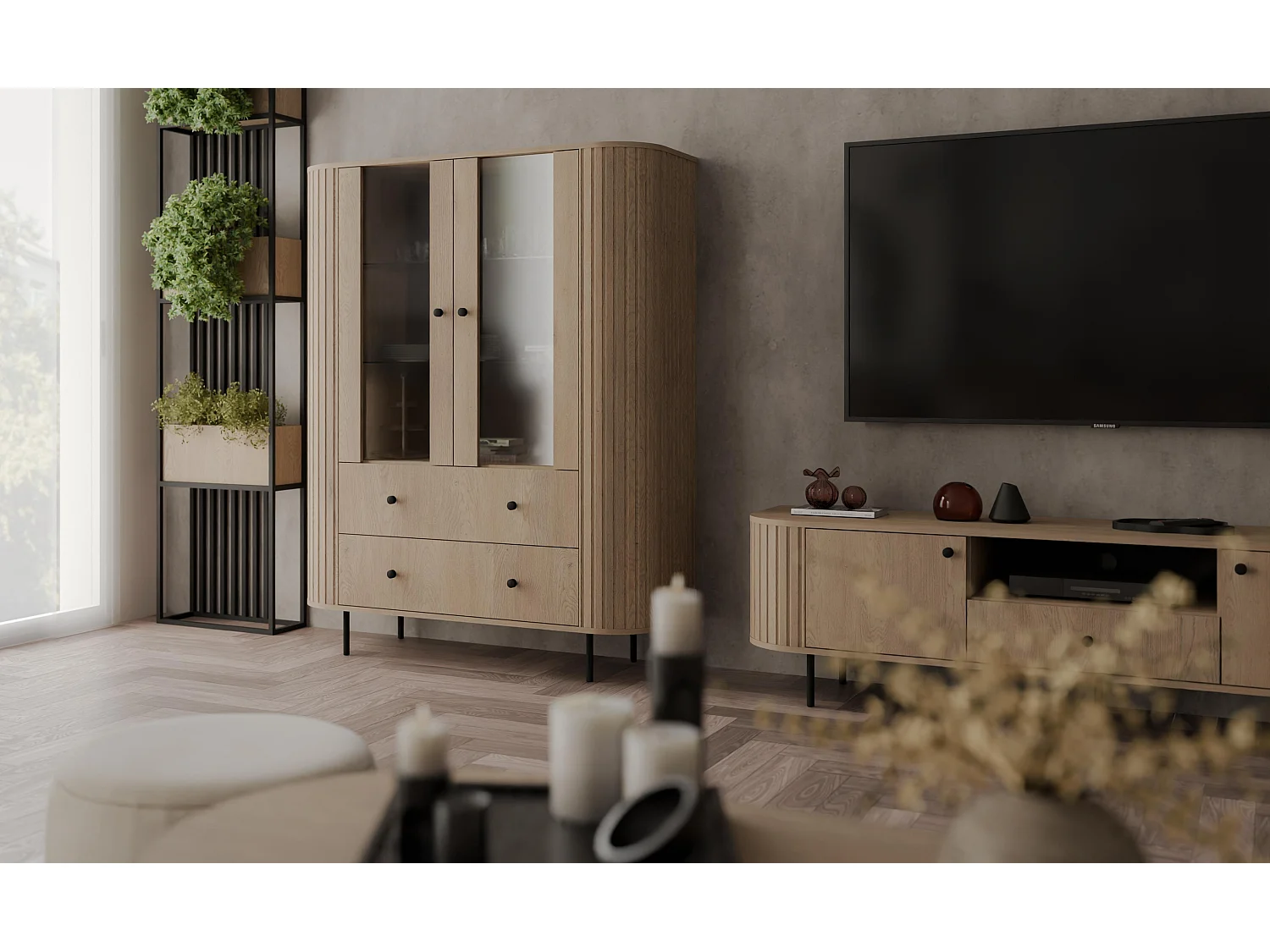 AX LIVING Vitrine Halay Eiche Cremona, 2 Türen & 2 Schubladen Moderne Rillenstruktur, mit runden Kanten