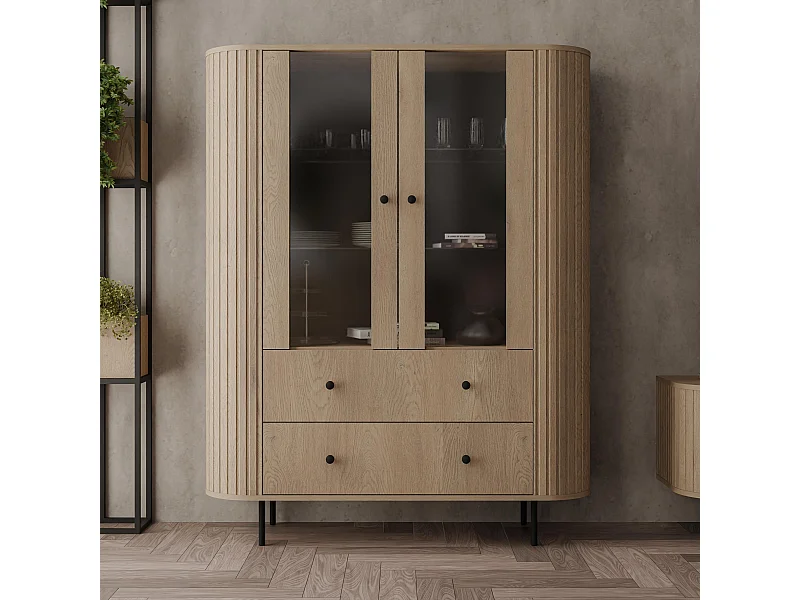 AX LIVING Vitrine Halay Eiche Cremona, 2 Türen & 2 Schubladen Moderne Rillenstruktur, mit runden Kanten