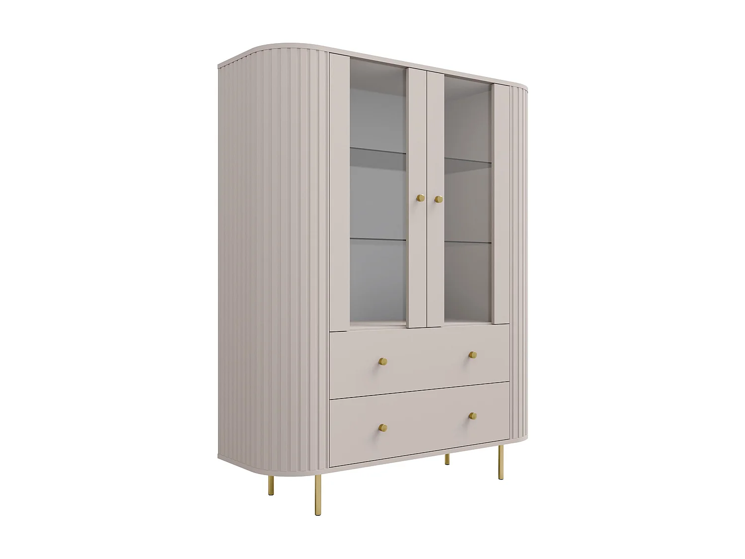 AX LIVING Vitrine Halay Beige, 2 Türen & 2 Schubladen Moderne Rillenstruktur, mit runden Kanten