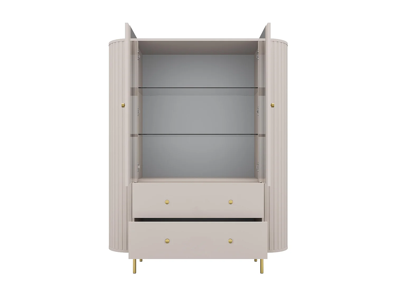 AX LIVING Vitrine Halay Beige, 2 Türen & 2 Schubladen Moderne Rillenstruktur, mit runden Kanten