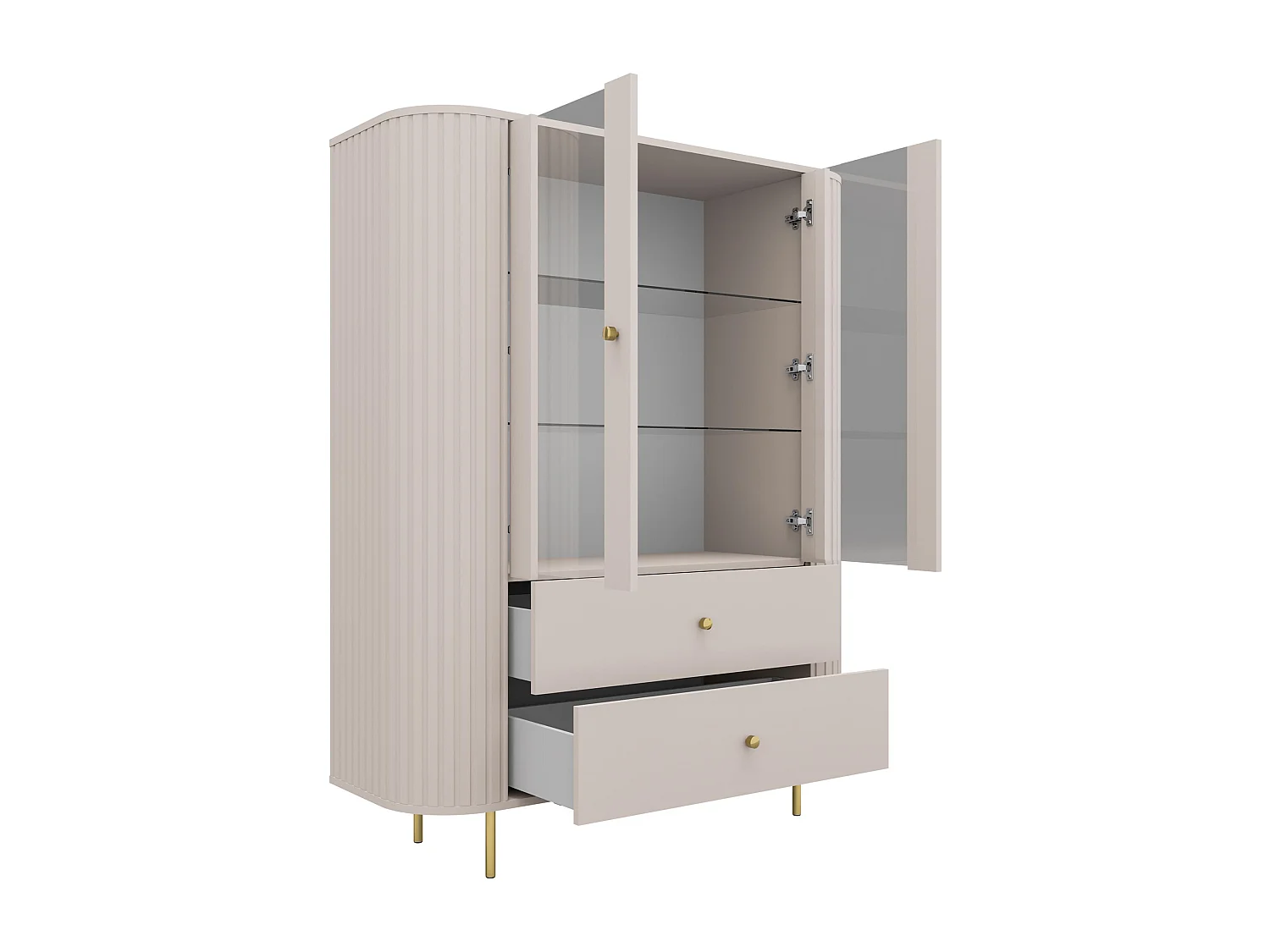 AX LIVING Vitrine Halay Beige, 2 Türen & 2 Schubladen Moderne Rillenstruktur, mit runden Kanten