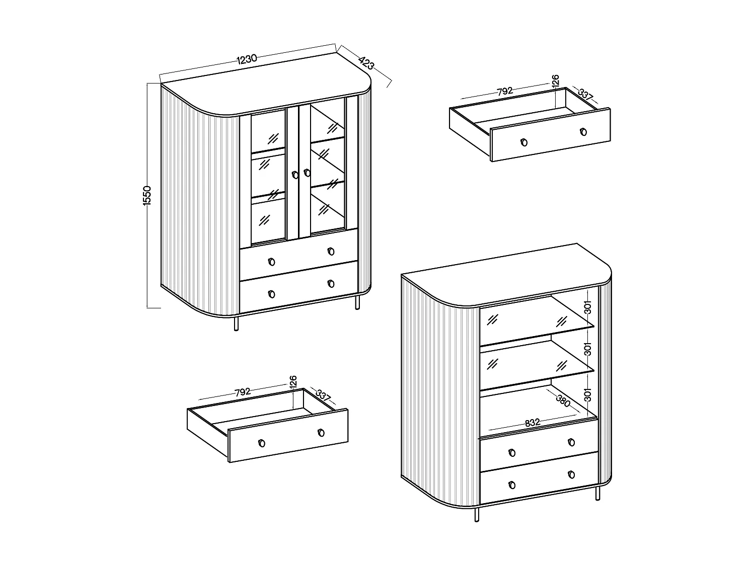 AX LIVING Vitrine Halay Beige, 2 Türen & 2 Schubladen Moderne Rillenstruktur, mit runden Kanten