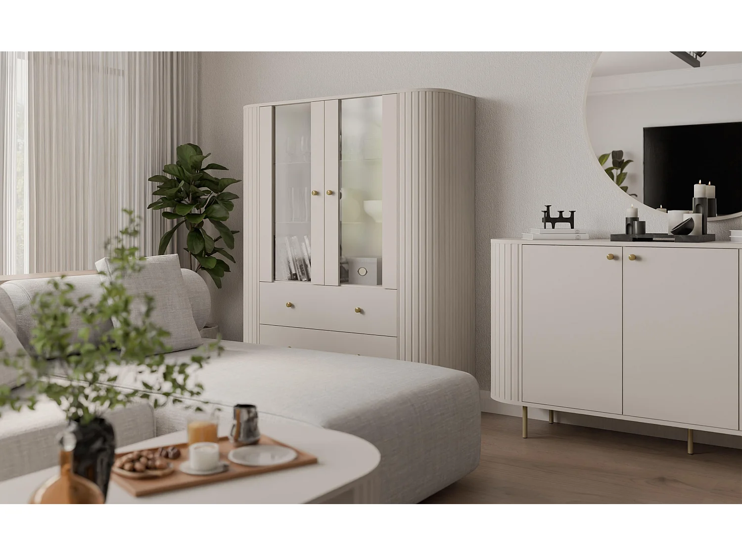 AX LIVING Vitrine Halay Beige, 2 Türen & 2 Schubladen Moderne Rillenstruktur, mit runden Kanten