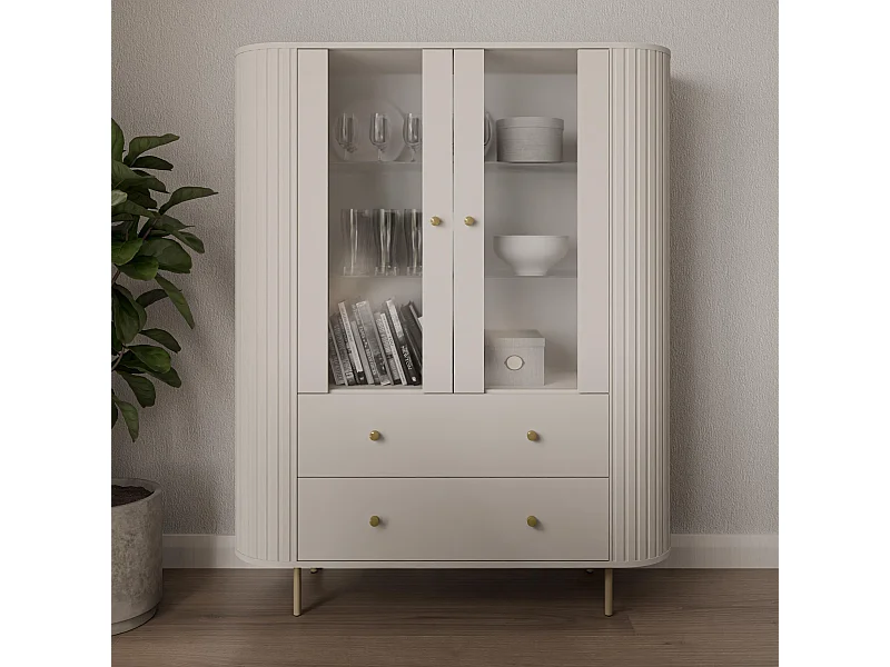 AX LIVING Vitrine Halay Beige, 2 Türen & 2 Schubladen Moderne Rillenstruktur, mit runden Kanten