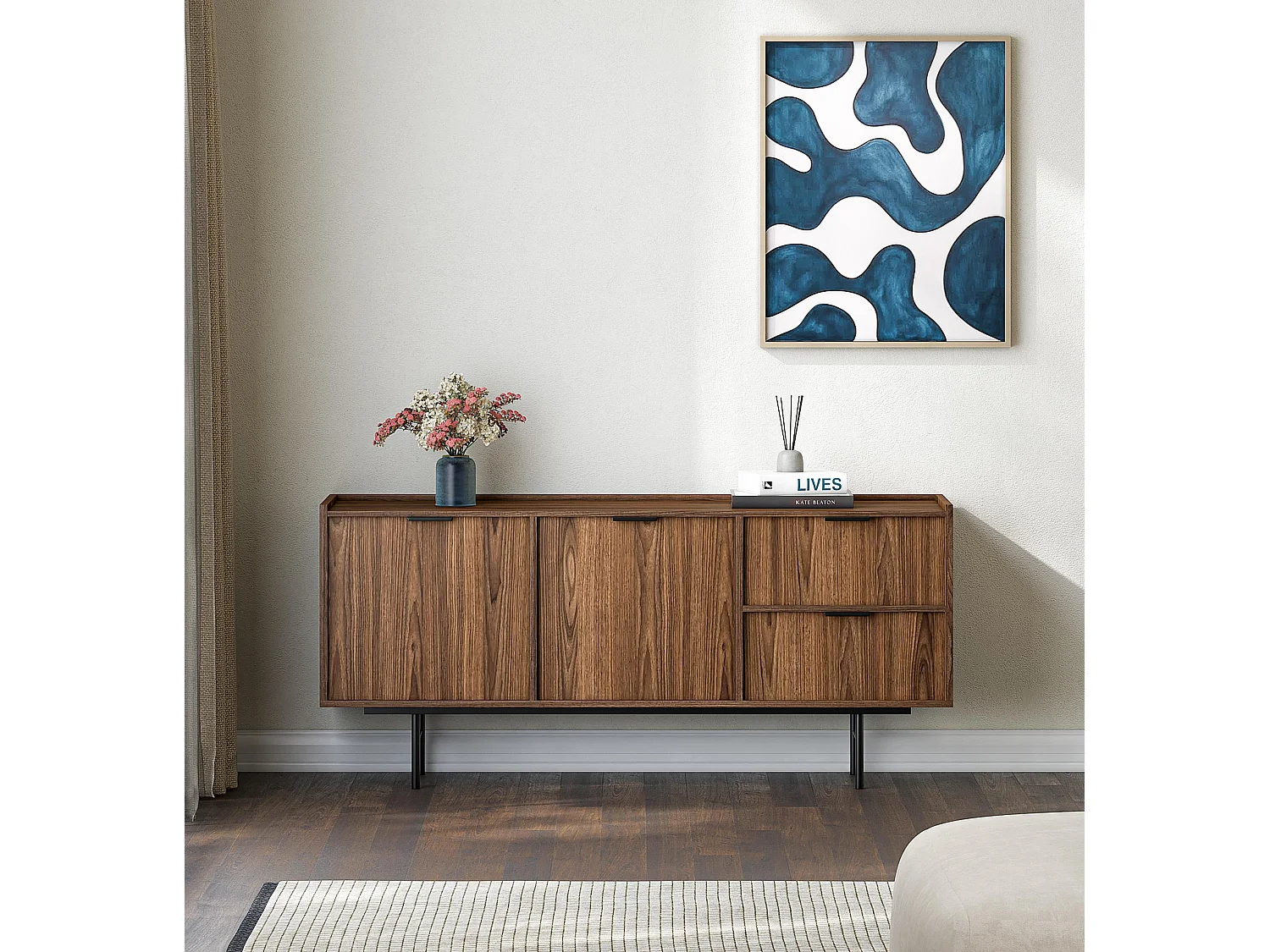 AX LIVING Nordiva Buffet 150 cm avec tiroir Warmia Walnut bois