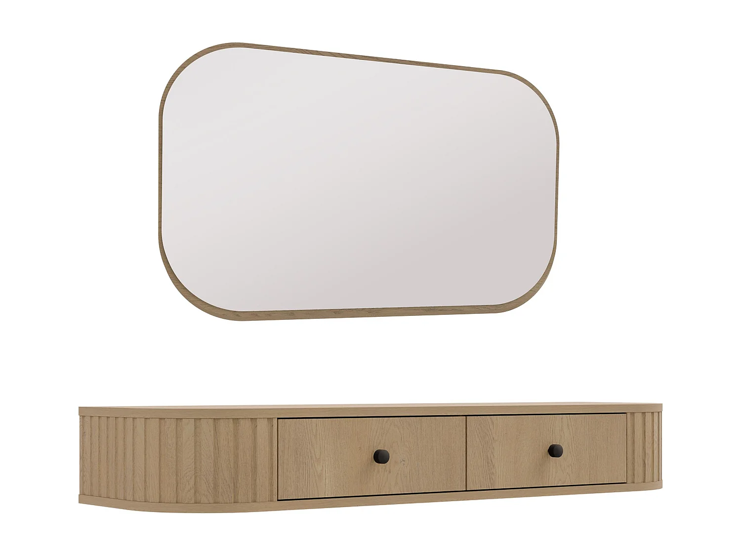 AX LIVING Schminktisch Halay Eiche Cremona 2 Schubladen mit runden Kanten + Rechteckiger Spiegel