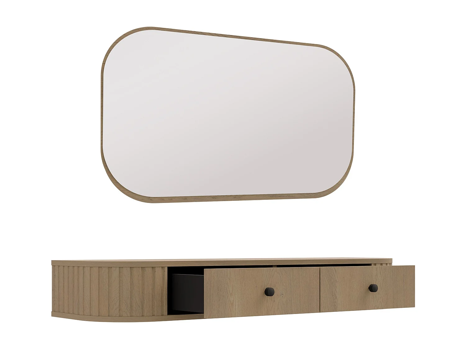 AX LIVING Schminktisch Halay Eiche Cremona 2 Schubladen mit runden Kanten + Rechteckiger Spiegel