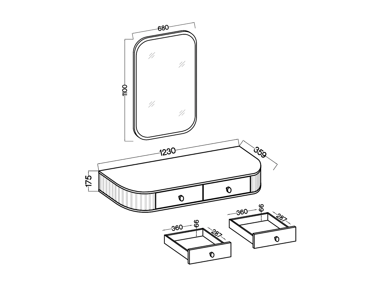 AX LIVING Schminktisch Halay Eiche Cremona 2 Schubladen mit runden Kanten + Rechteckiger Spiegel