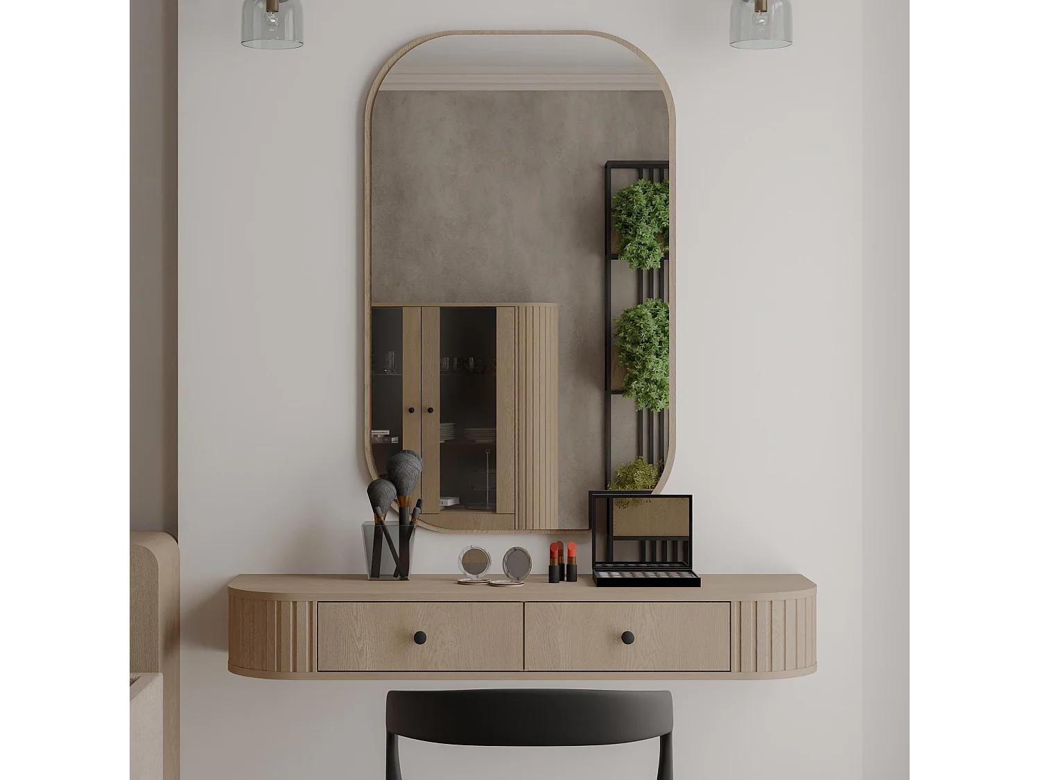 AX LIVING Schminktisch Halay Eiche Cremona 2 Schubladen mit runden Kanten + Rechteckiger Spiegel