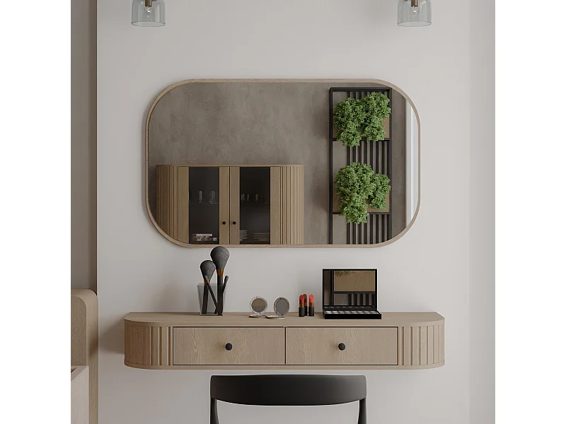 AX LIVING Schminktisch Halay Eiche Cremona 2 Schubladen mit runden Kanten + Rechteckiger Spiegel