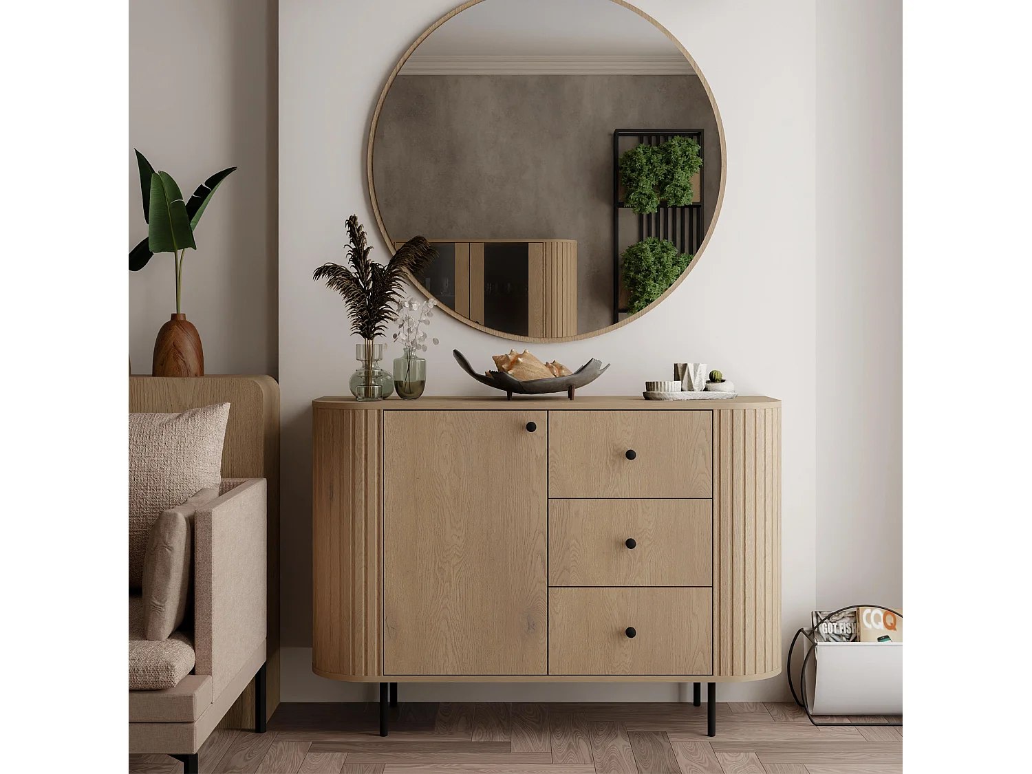 AX LIVING Commode Halay chêne Cremona 1 porte 3 tiroirs façade rainurée 123 cm