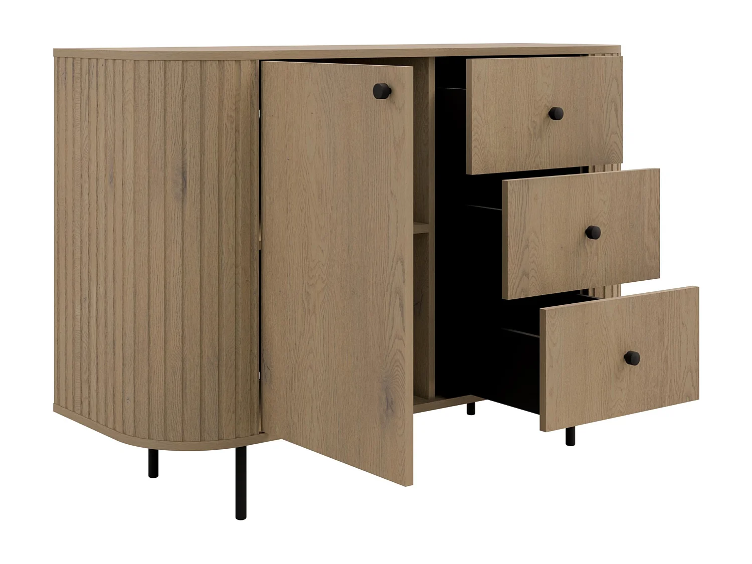 AX LIVING Commode Halay chêne Cremona 1 porte 3 tiroirs façade rainurée 123 cm