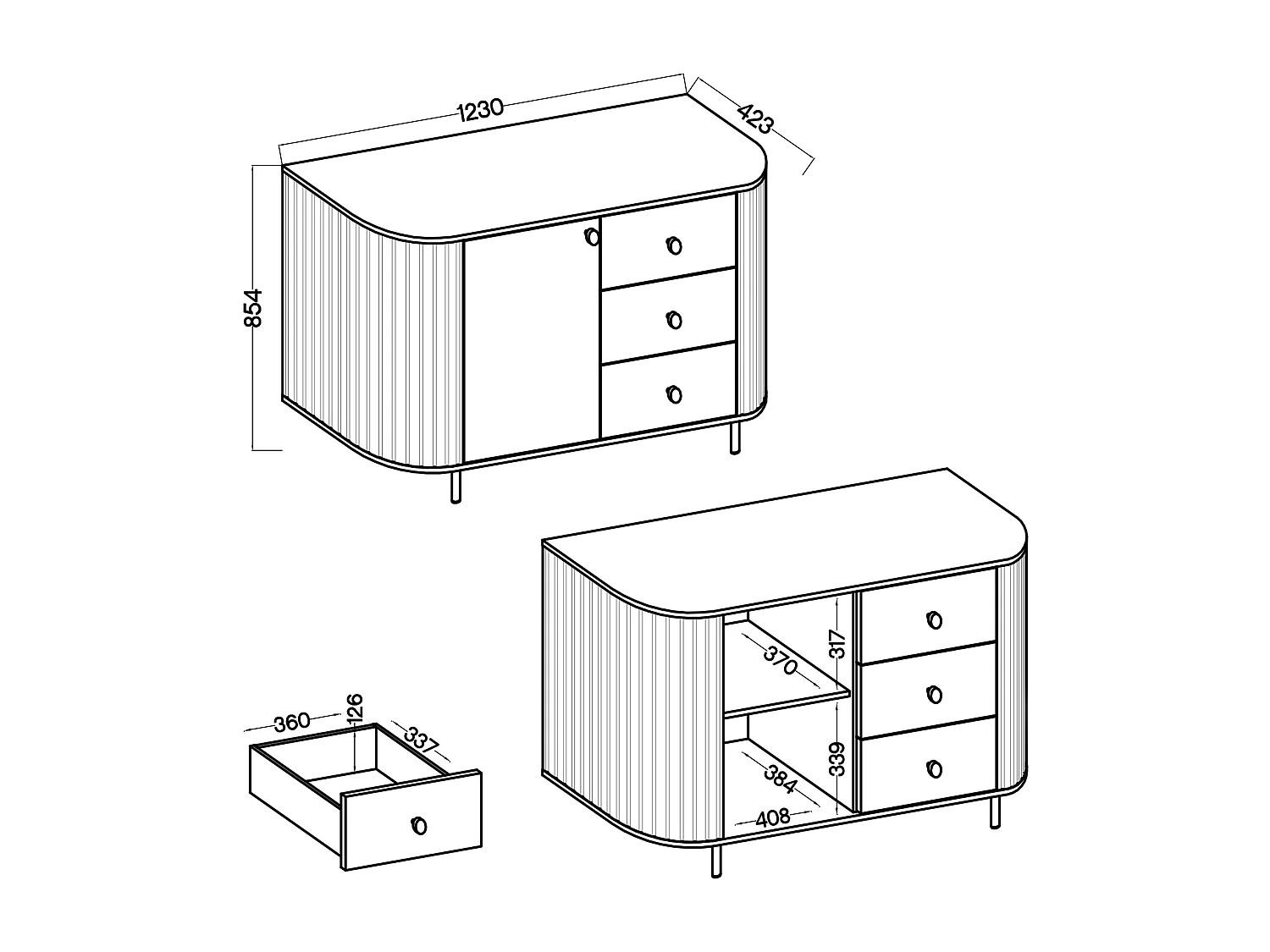 AX LIVING Commode Halay chêne Cremona 1 porte 3 tiroirs façade rainurée 123 cm