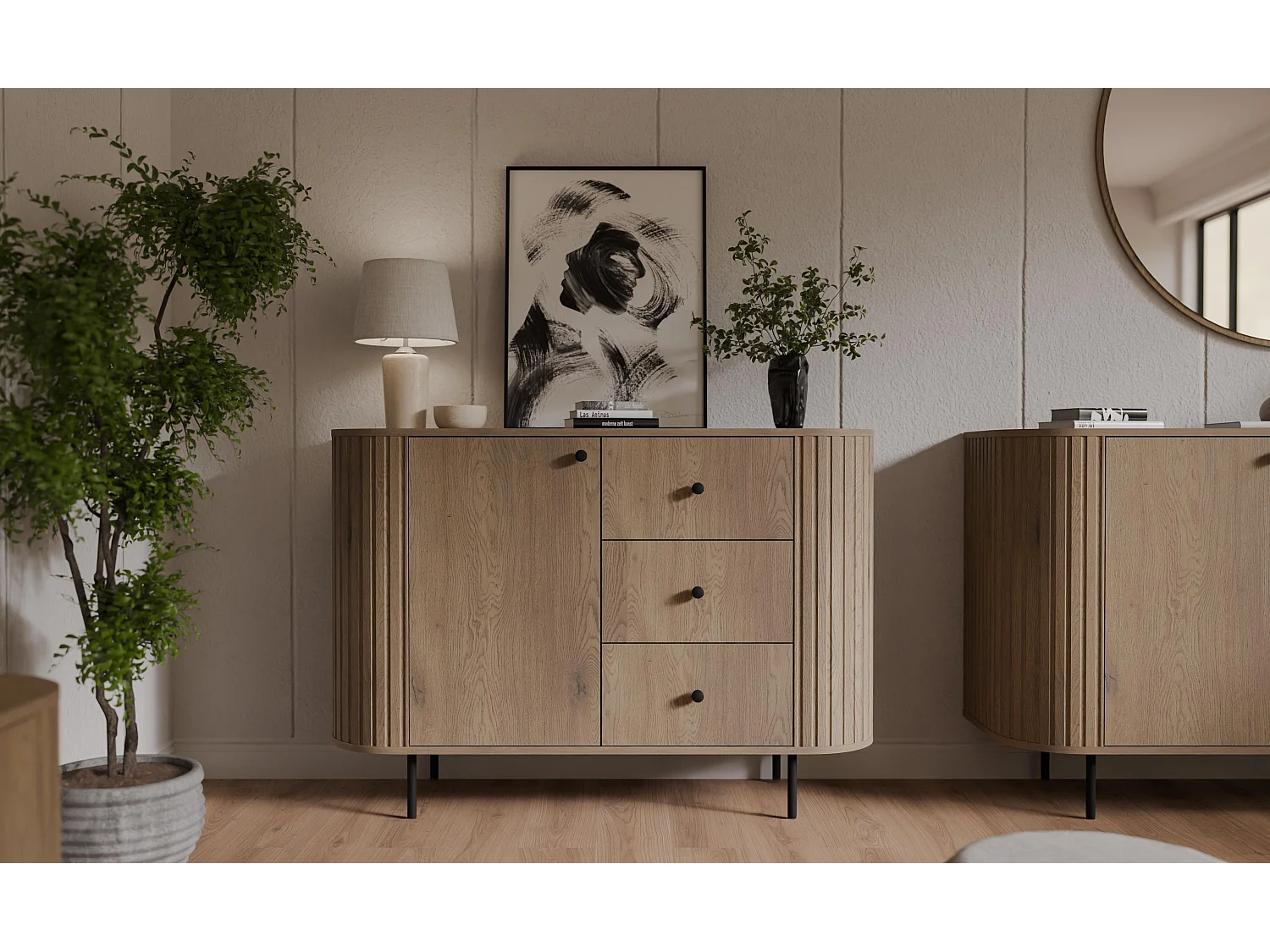 AX LIVING Commode Halay chêne Cremona 1 porte 3 tiroirs façade rainurée 123 cm