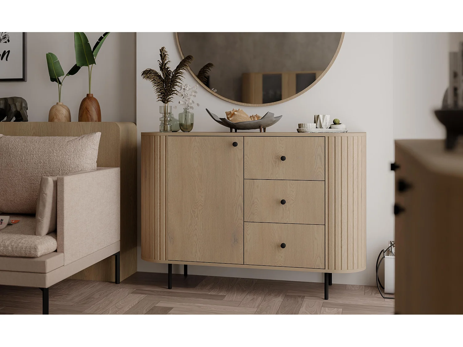 AX LIVING Commode Halay chêne Cremona 1 porte 3 tiroirs façade rainurée 123 cm