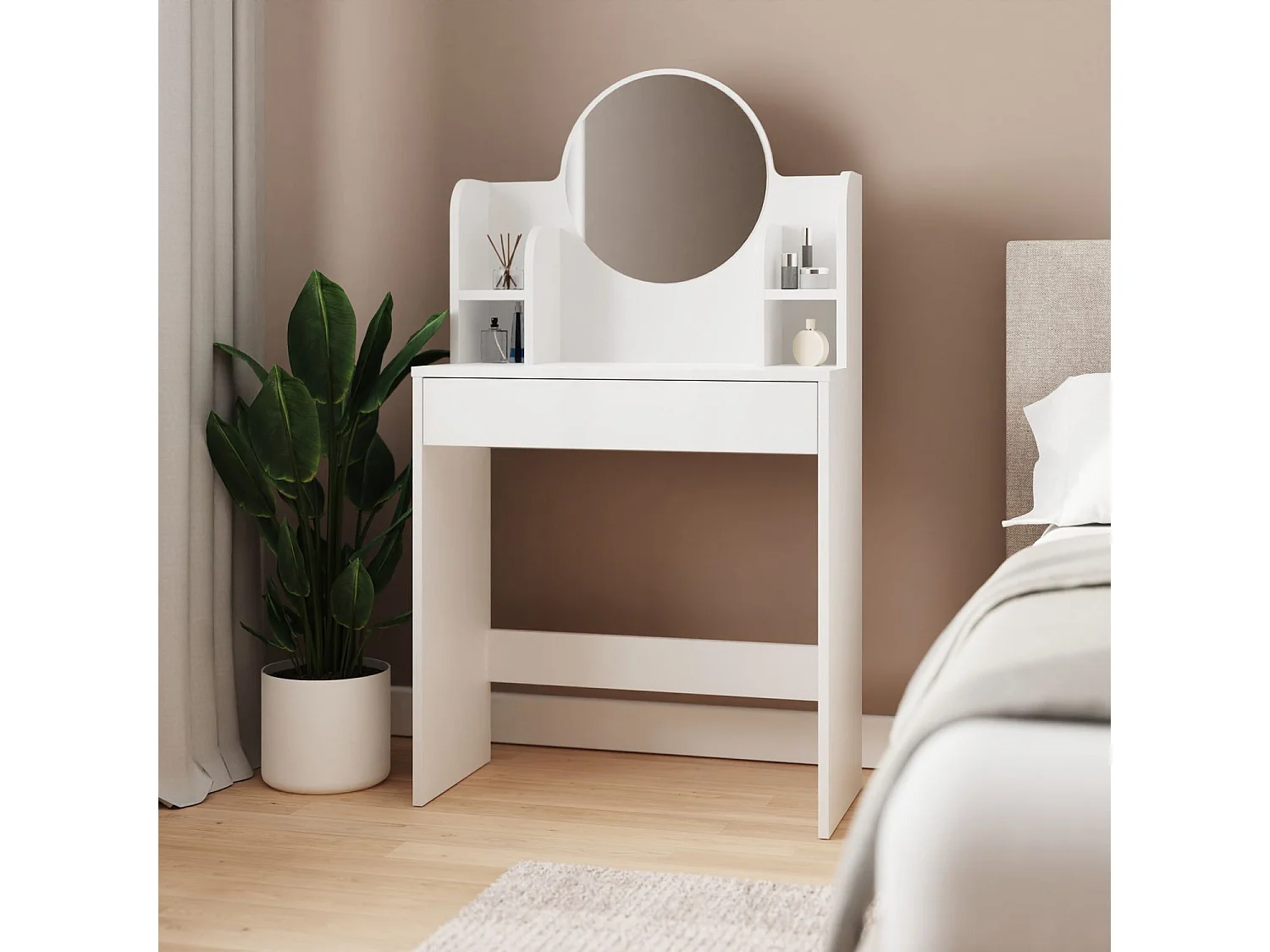 Weiße Wandfrisierkommode "Idis" aus Holz 75x35x135 cm mit Spiegel, 1 Schublade und 2 Regalen