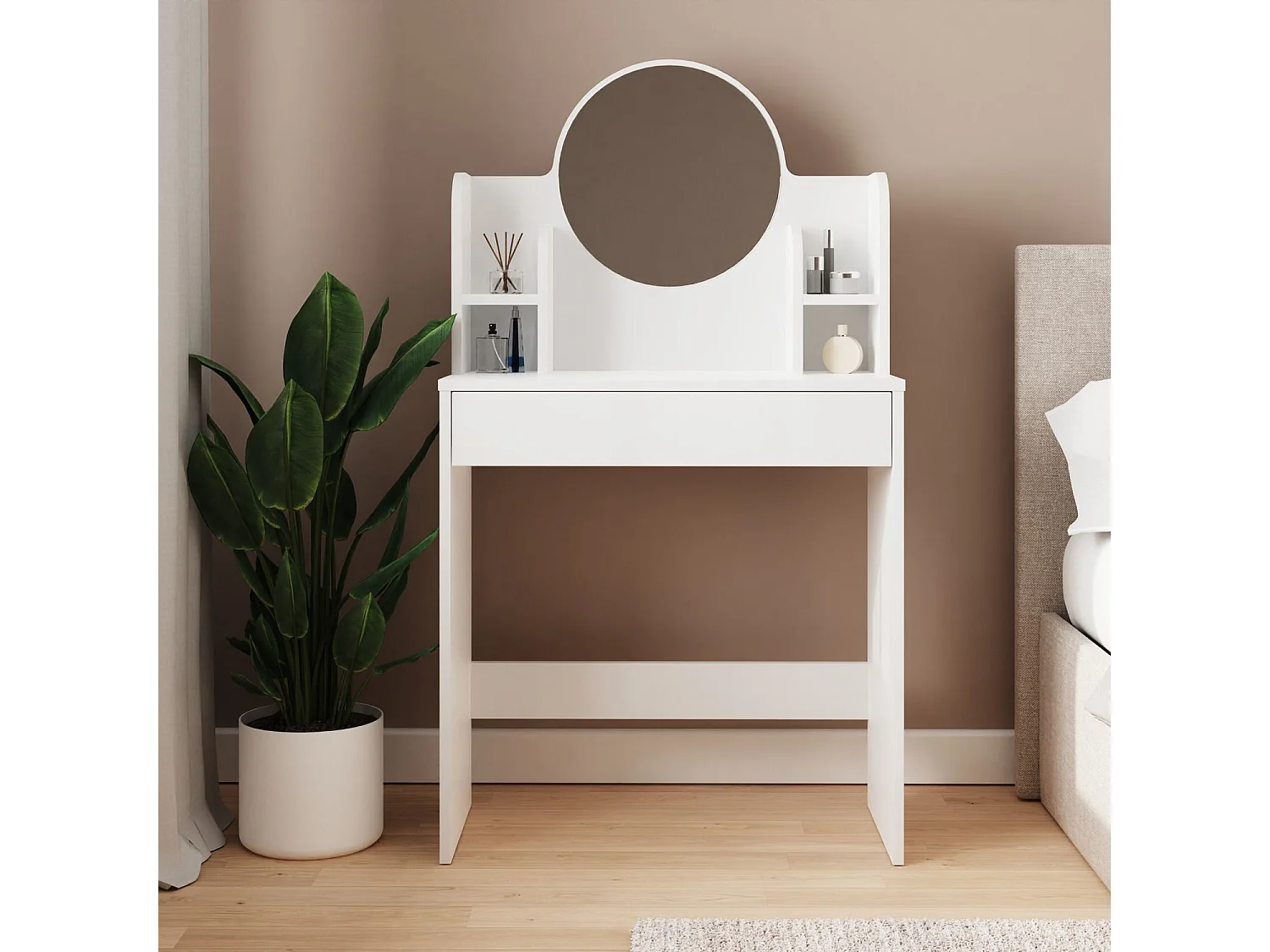 Weiße Wandfrisierkommode "Idis" aus Holz 75x35x135 cm mit Spiegel, 1 Schublade und 2 Regalen