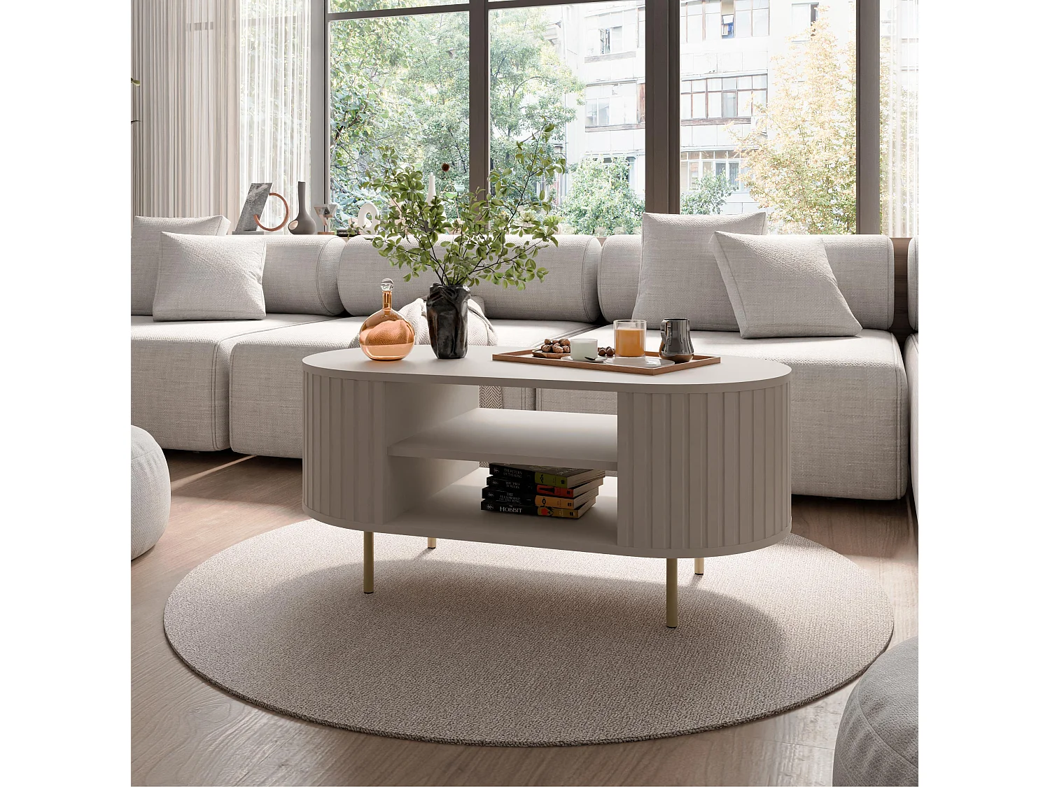 AX LIVING Salontafel Halay beige ribbelstructuur 100 cm ronde randen