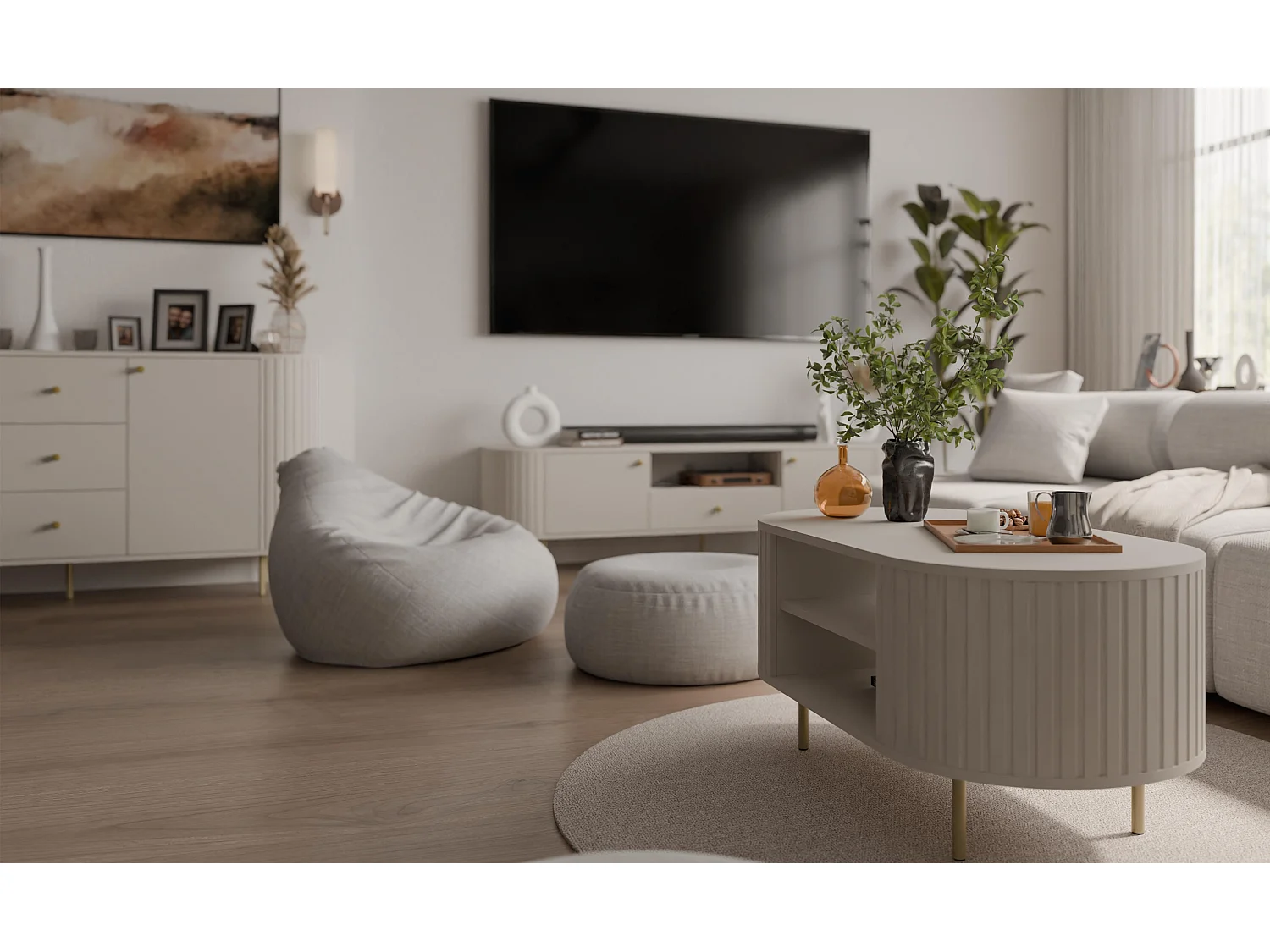 AX LIVING Salontafel Halay beige ribbelstructuur 100 cm ronde randen