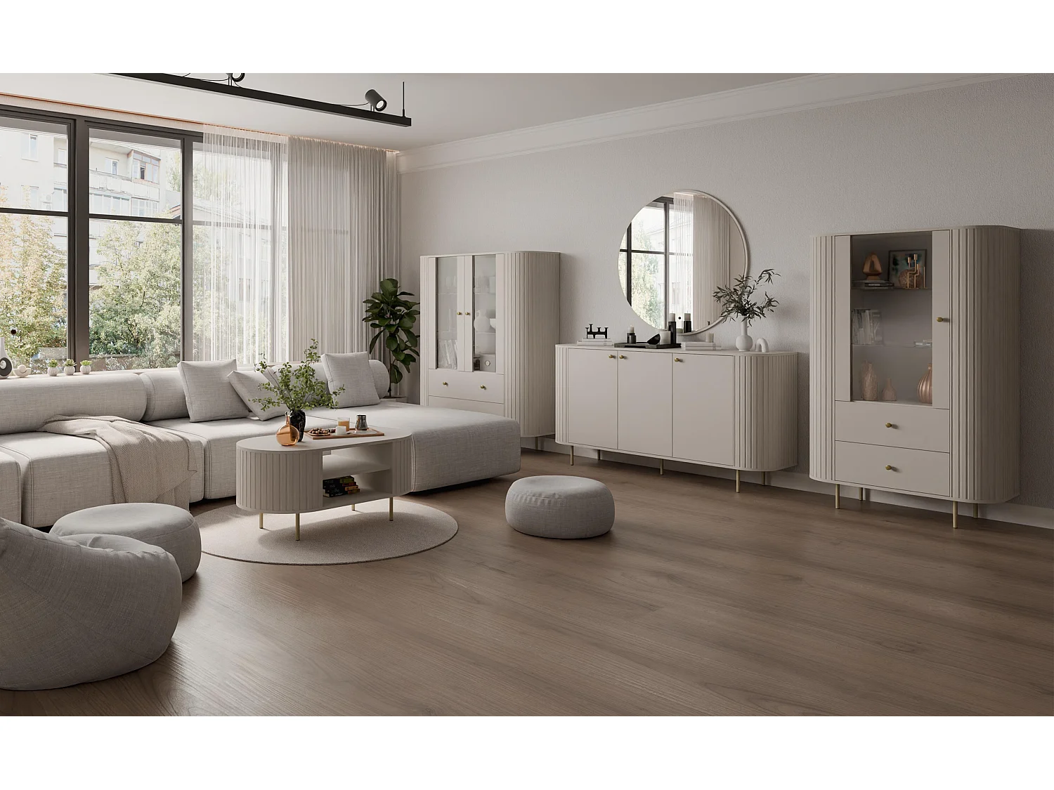 AX LIVING Salontafel Halay beige ribbelstructuur 100 cm ronde randen