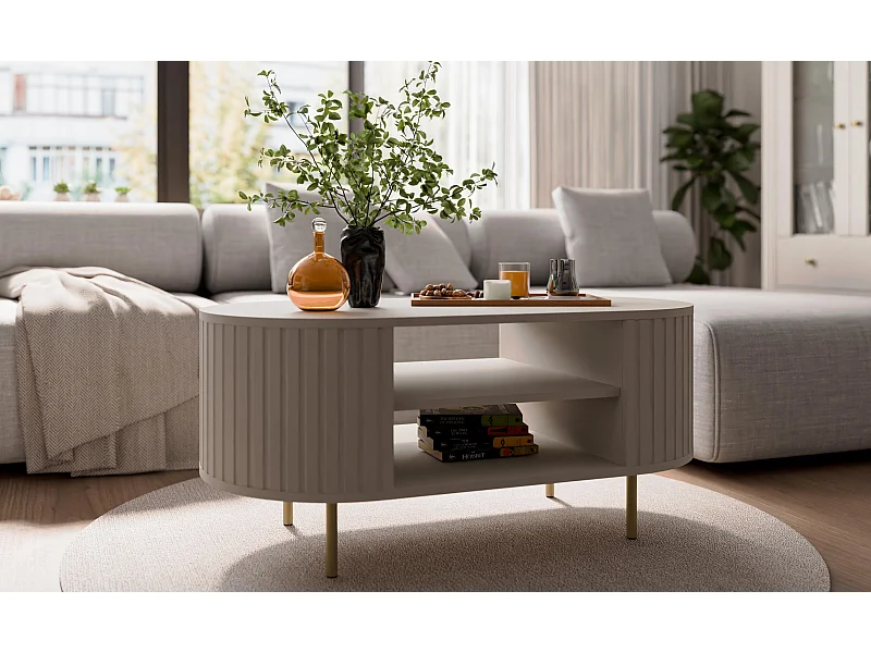 AX LIVING Salontafel Halay beige ribbelstructuur 100 cm ronde randen